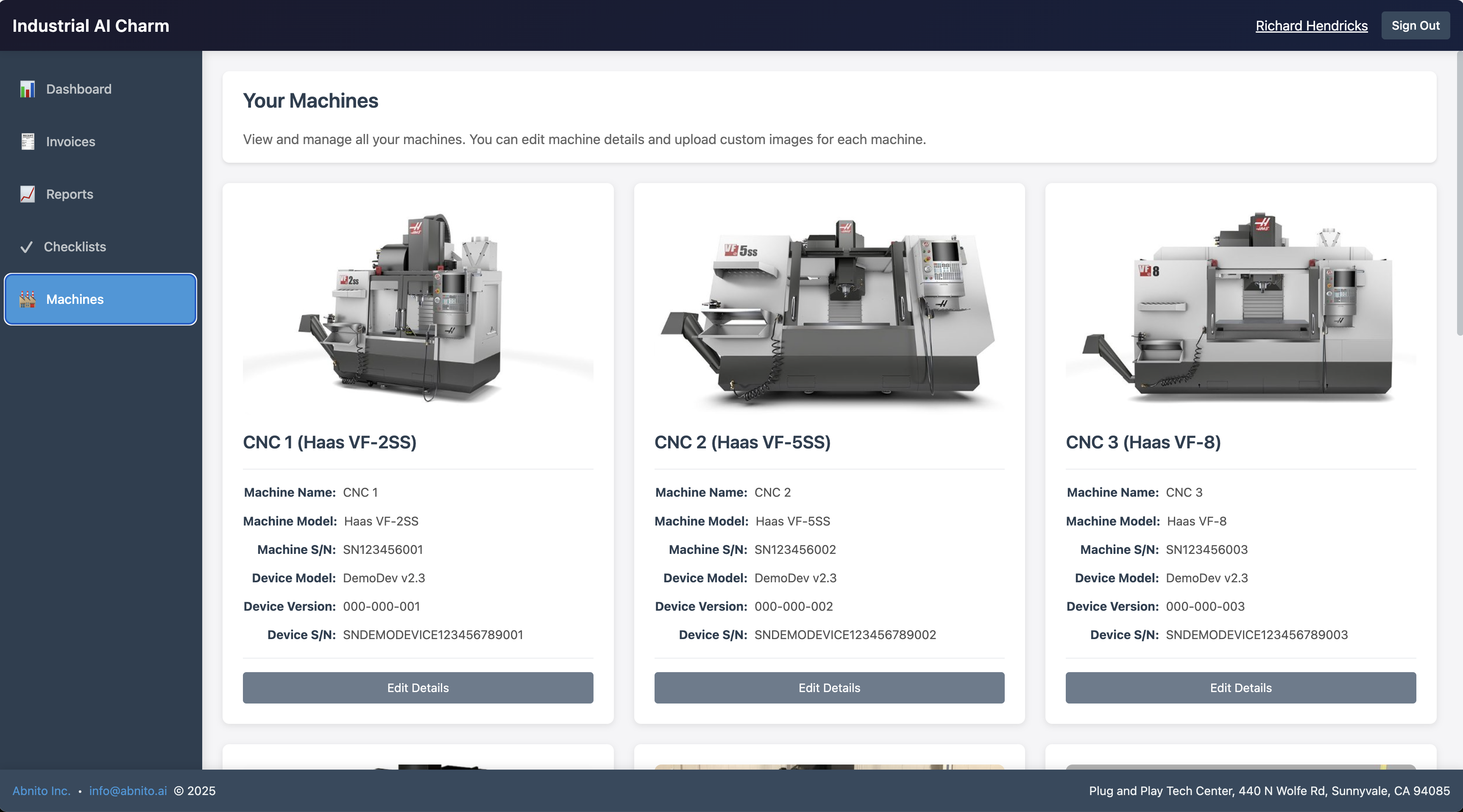 Abnito dashboard — machine monitoring overview